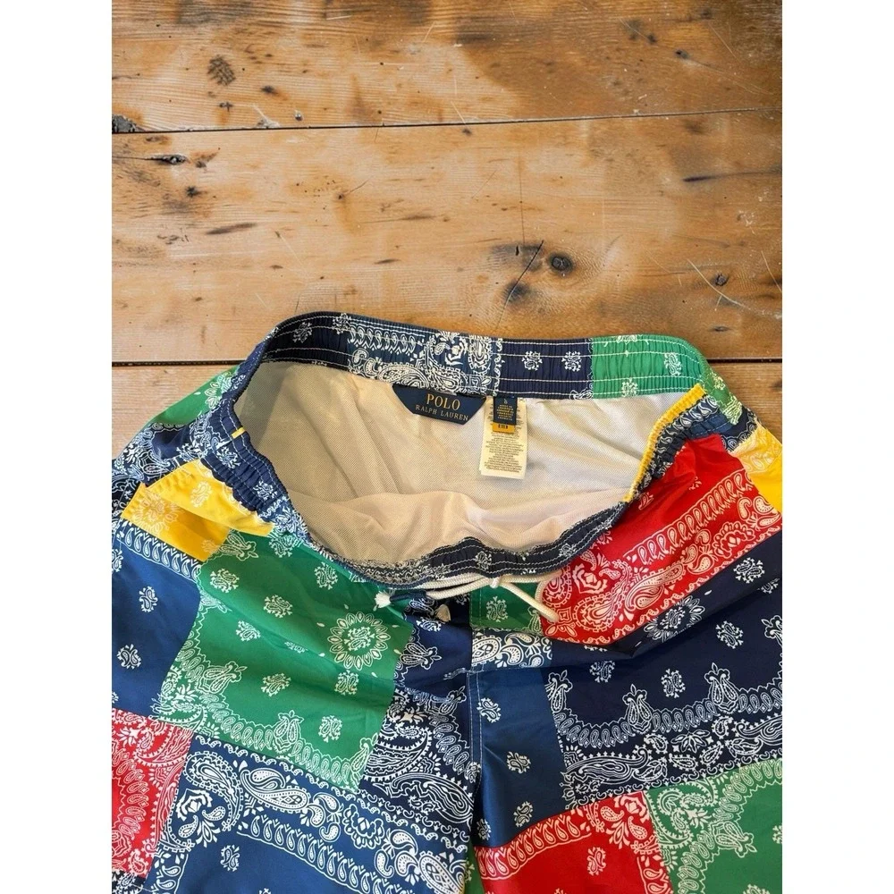 Polo Ralph Lauren Pony Bandana Patchwork Traveler Surf Swim Trunks Men's L NWT